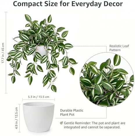 Briful Fake Plant Indoor, 17.7" Green White Faux Trailing Plant in White Plastic Pot Fake Cascading Greenery Plant for Shelf Bathroom Kitchen Office Desk Cabinet Tabletop Home Decor - Image 2