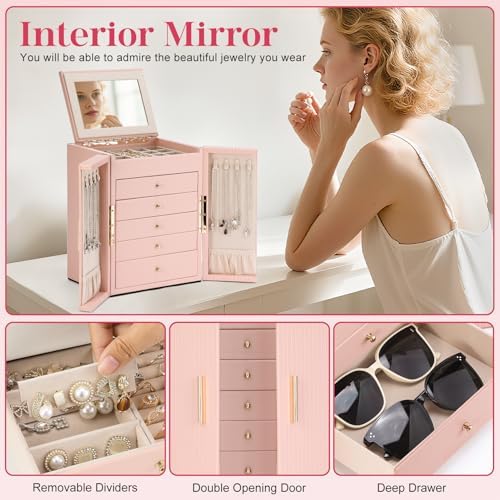 Dajasan Large Jewelry Organizer Box, 6-Tier Jewelry Storage Case with 5 Drawers, Jewelry Boxes for Women Girls with Mirror, Double Door, Textured PU Leather, Gift Idea, Stylish (Pink + Gold) - Image 6