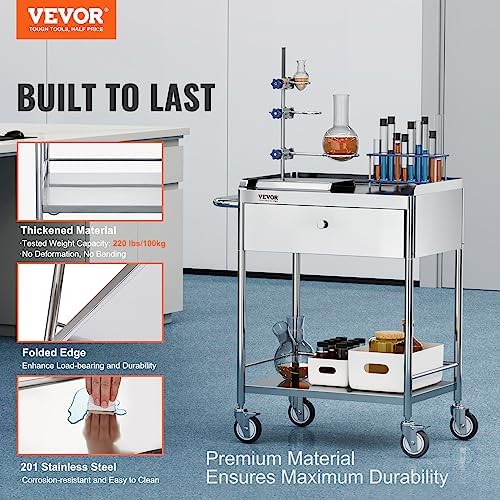 VEVOR Stainless Steel Utility Cart with Wheels - Medical/Dental Lab Cart - 2 Shelves/1 Drawer - Image 2