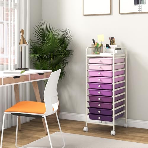 Giantex 10-Drawer Storage Cart w/Universal Wheel, Rolling Cart w/Handle, Home Organizer Storage Unit w/Removable Drawers, Trolley Utility Cart for Kitchen Makeup Living Room Office Play Room - Image 6