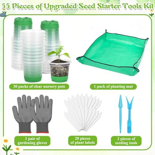 Caffox 55PCS Reusable Seed Starter Kit Includes 30 Packs 3.5" Clear Nursery Pots with Silicone Base, Repotting Mat, Gardening Gloves, Plant Labels and Seedling Tools for Easy Transplant - Image 2