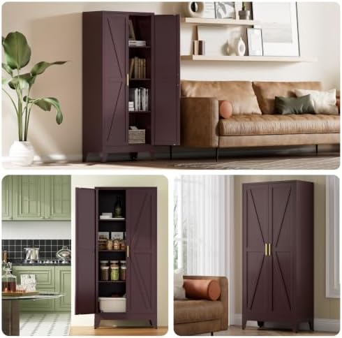 Metal Pantry Cabinet, Cherry Red Kitchen Storage Cabinets with 2 Barn Door - Image 4