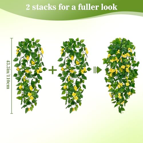 BLEUM CADE Artificial Hanging Flowers for Outdoors, 2pcs Fake Hanging Plants Pothos Vines with Yellow Flowers for Wall Home Living Room Indoor Outdoor Decor (No Baskets) - Image 2