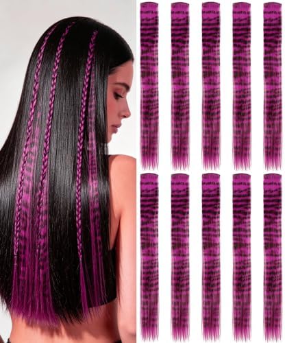 10 Pcs Fuchsia Hair Extensions, Raccoon Tail Striped Hair Accessories 22 In by Olldag