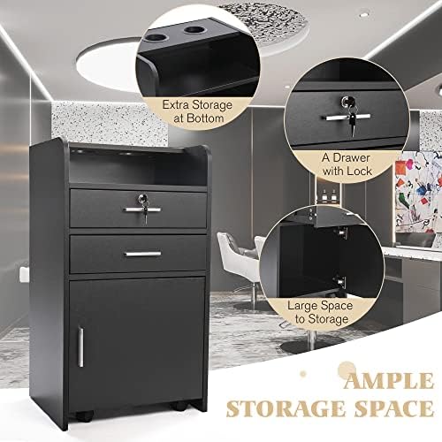 Salon Station,Trolley Cart with Wheels,Storage Cabinet,Black - Image 6