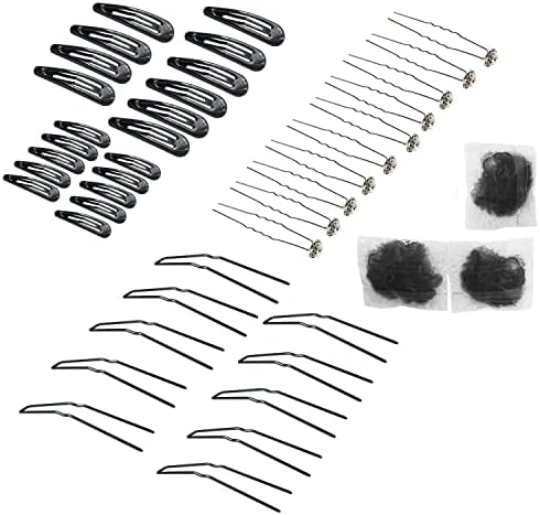 Ballet Bun Hair Kit for Women Girls, U Shaped Hair Pins, Crystal Hairpins, Snap Hair Clips, Hair Ties and Hair Nets, Dance Hair Styling Accessories, 2.5 Inch Black 42pcs by ROCST