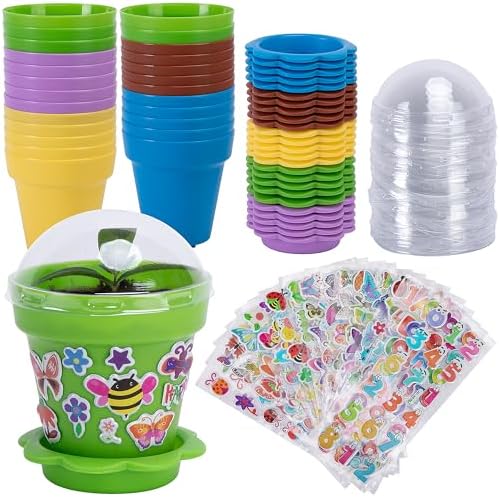 25 Packs Cupcake Plant Nursery Pots with Humidity Dome, Small Plastic Flower Plant Pots with 20 Sheet Stickers, Seeds Starter Pot Flower Planting Container for Seedlings Succulent Display (Mix Colors) by PurpleStar