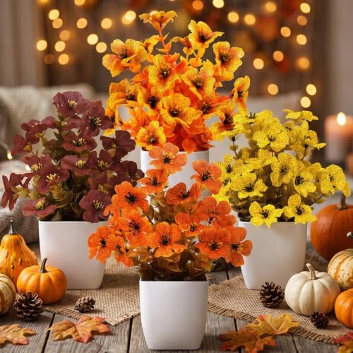 CEWOR 4 Pack Mini Fall Artificial Potted Plants, Fake Autumn Daisy Flowers with White Plastic Pots, Small Faux Floral Arrangement for Office Desk Bathroom Bedroom Table Decor - Image 3