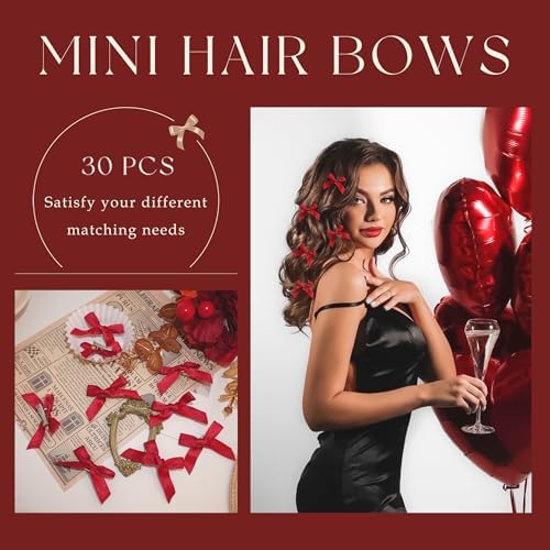 30PCS Bow Hair Clip Wine Red Mini Hair Bows Satin Hair Ribbons Small Coquette Bows Y2K Hair Accessories for Christmas Girls Women - Image 2