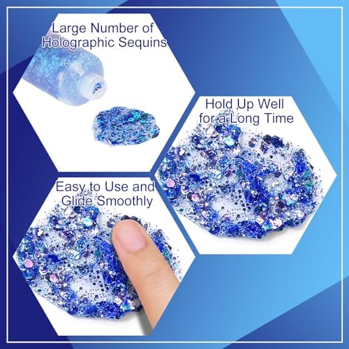 MEICOLY Chameleon Blue Hair Glitter,Game Day Spirit Day Wear Face Glitter,Holographic Chunky Halloween Body Glitter Gel,4th of July Outfits for Women, Rave Accessories - Image 3