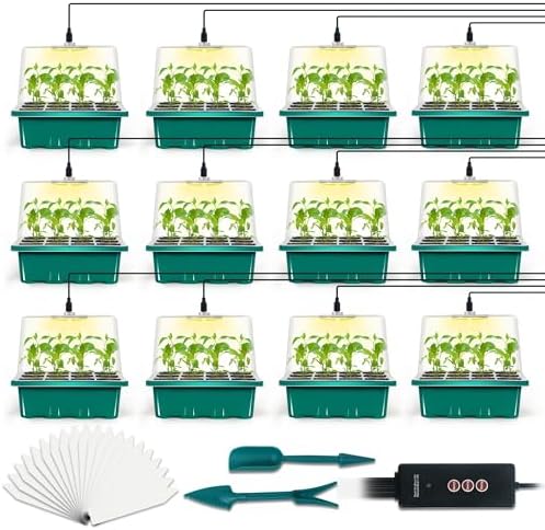 12-Set Seed Starter Tray with Grow Light, Seed Starting Trays Kits with Timing Controller Adjustable Humidity Domes Heightened Lids(12-Cells Per Tray) by LYDTICK