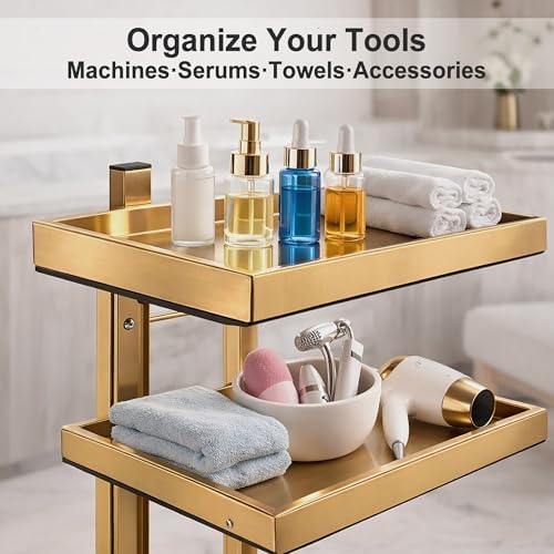 2-Tier Metal Rolling Cart with Wheels, Salon Trolley, Gold - Image 6