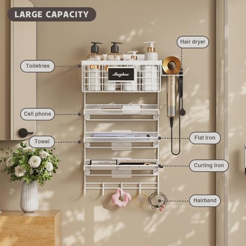 Magheo Hair Dryer Holder Wall Mounted, Adheisve Hair Tool Organizer for hair Brush/Appliance Wall Mount with 5 Tier Shelf Basket Hooks Blow Dryer and Straightener Holder for Bathroom(White) - Image 3
