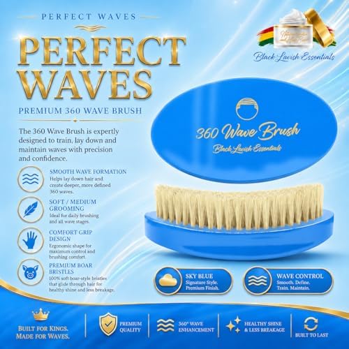 360 Wave Brush, Soft, Build Deeper Waves & Hard Boar Bristle, Curved Design, Black Lavish Essentials Signature (Soft Brush, Sky Blue) - Image 3
