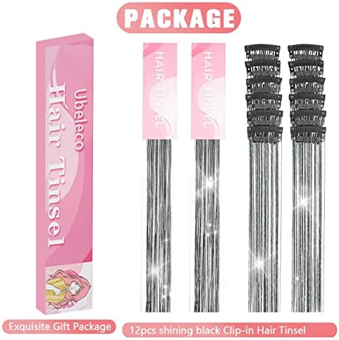 Ubeleco Black Hair Tinsel 12Pcs Clip in Hair Accessories 20.5 Inch Fairy Hair Tinsel Kit for Christmas New Year Tinsel Hair Extensions for Women Girls (12Pcs, Black) - Image 5