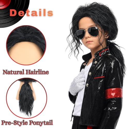 Kids Black Ponytail Wig with Glasses & Gloves for 80s Disco Rock Costume - Image 5