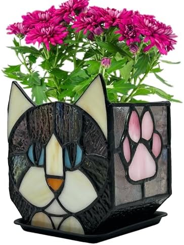 Stained Glass Black Cat Flower Pot,Succulent Pots with Drainage,Unique Black Cat Planter,Flower Pots for Indoor Plants,Glass Container Display Decoration,Cute Plant Gifts by Entlityful