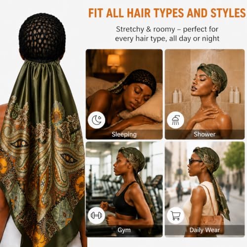 2 in 1 Wrap Cap Hair Net and Scarf for Silk Press, Satin Wrap Cap Bonnet for Women, Adjustable Stay-On Sleep Hair Net Scarf for All Hair Types (Green, One Size) - Image 5