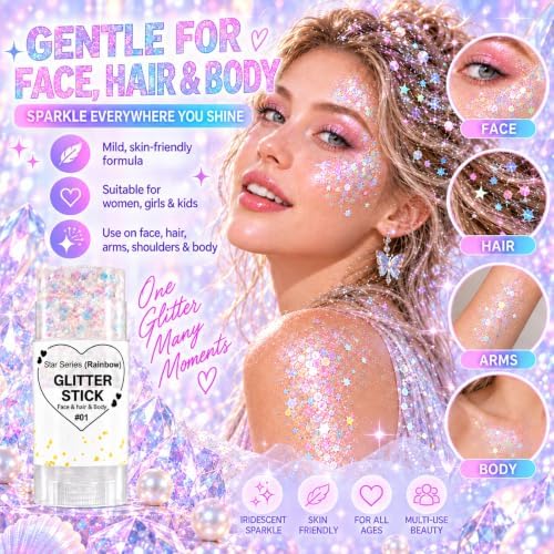 Rainbow White Hair Glitter Stick for Kids, Face Body Glitter Stick for Halloween Mermaid Fairy Costume Makeup, Chunky Sequins Rave Outfit for Women, Mardi Gras Accessories, Cheer Concert Cosplay - Image 6