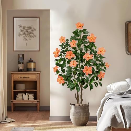 Briful Artificial Hibiscus Tree 5.25ft Tall Real Touch Fake Tree with Orange Flowers Potted Faux Plant Indoor Realistic Floor Plants for Front Porch Outdoor Home, Patio Decor - Image 6