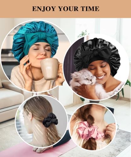 2+3 Large Satin Bonnets with Scrunchies for Women, Hair Bonnet Sleeping Tie Bonnet for Braids Curly Hair - Image 5
