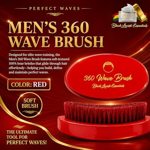 360 Wave Brush, Build Deeper Waves, Soft & Hard Boar Bristle Curved Brushes BLACK LAVISH ESSENTIALS (Medium-Hard Brush, Red) - Image 2