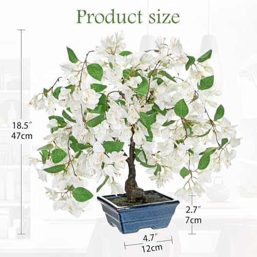 Briful Artificial Bougainvillea Tree in Blue Pot 18.5" Tall Faux Bougainvillea Floral Tree Tropical Silk Fake Bougainvillea Plant for Home Office Living Room Table Décor(White) - Image 2