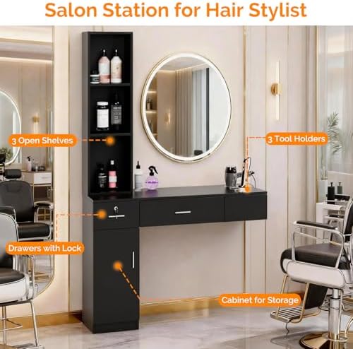 OmySalon Wall Mount Barber Stations, Salon Stations for Hair Stylist, Hair Styling Equipement Set with a Storage Cabinet, 2 Drawers and a 3 Tier Shelf (Black) - Image 3