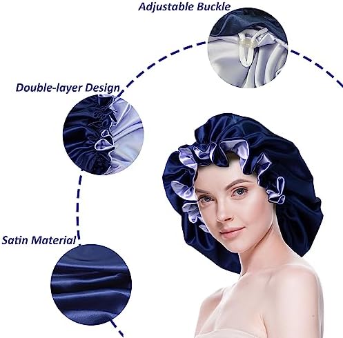 Silk Bonnet for Sleeping Satin Bonnets Double Layer Reversible Hair Cap Bonnet for Women Long Curly Braid Hair (Navy) - Image 3