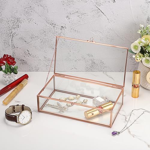 Hipiwe Glass Keepsakes Display Box Jewelry Organizer Box with Lid Decorative Glass Box Clear Rectangle Storage Box for Trinket Perfume Collection Gift for Birthday Anniversaries,Rose Gold Large - Image 3