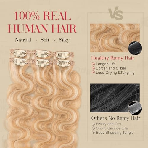 Rich Choices Clip In Hair Extension Real Human Hair-Wave/Curly 6 Pcs Single Clip Hairs Extension for Women-Invisible Mini Clips in Hairpieces-14 Inch #18P613 Ash Blonde Highlighted Bleach Blonde - Image 4