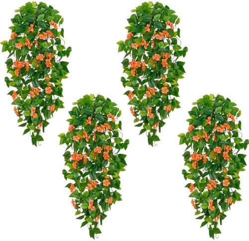 BLEUM CADE Artificial Hanging Flowers for Outdoors, 4pcs Fake Hanging Plants Pothos Vines with Orange Flowers for Wall Home Living Room Indoor Outdoor Fall Decor (No Baskets) by BLEUMCADE