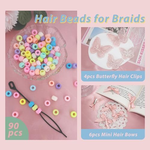 100PCS Hair Beads for Braids Peach Small Hair Bows Embroidery Butterfly Hair Clips Colorful Gradient Pony Beads Loc Jewelry for Women Girls - Image 6