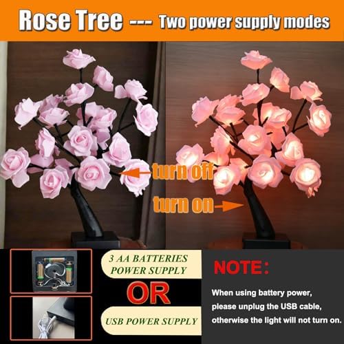24 LED Pink Rose Tree Light, Artificial Bonsai Flower Table Lamp, USB Battery Powered Romantic Night Light for Bedroom Living Room Party Wedding, Valentine’s Day Mother’s Day for Her - Image 3