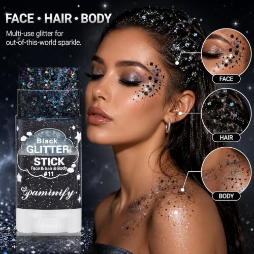 Black Face Glitter Stick,Halloween Black Holographic Body Hair Glitter,Waterproof Singer Concert Outfits for Women, Chunky Glitter Makeup Sequins Body Paint for Parties,Festival - Image 5
