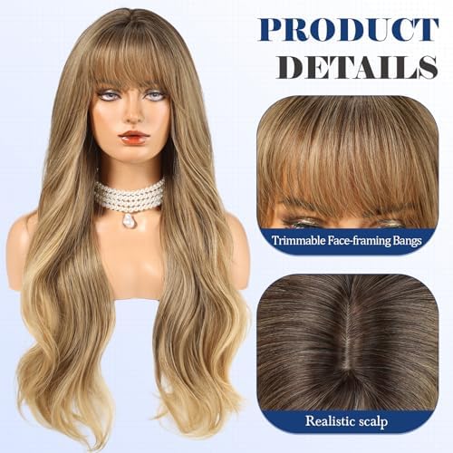HAIRCUBE Long Blonde Mixed Brown Wig with Bangs Layered Curly Wigs for Women Natural Synthetic Wigs for Daily Use (pelucas de cabello natural) - Image 2