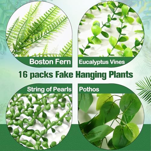 Daifunli 16 Pcs Artificial Hanging Plants Fake Hanging Ferns Plastic Faux Plants for Wall Room Garden Garland Indoor Outdoor Decor No Basket (Boston,Eucalyptus,Ivy Vine,String of Pearls) - Image 4