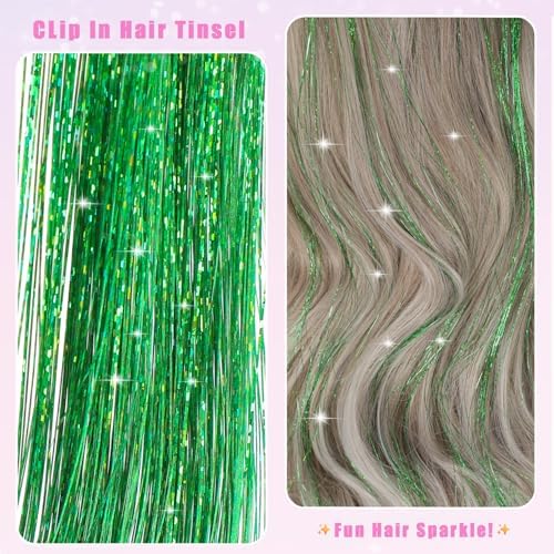 18 Pcs Hair Tinsel Clip in, 20.5 Inch Glitter Tinsel Hair Extensions, Shiny Sparkling Fairy Hair Tinsel Clips, Dazzling Party Hair Accessories for Girls Women Kids (Green) - Image 3