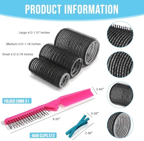 Heatless Self-Grip Hair Rollers Kit, 3 Sizes (0.79",1.18",1.57") for Short/Medium/Long Hair | 36 Rollers +12 Clips + Foldable Comb | No Heat Curlers for Overnight Waves,.Blue or black randomly! - Image 4