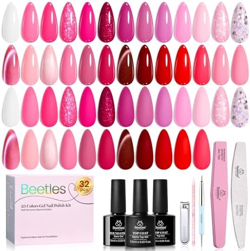 Beetles Pink Gel Polish Set, 25 Colors Red Purple Glitter Love's Prism Soak Off Kit with Base Top Coat& Nail Tools, Salon DIY Manicure Gift for Women by beetlesGelPolish