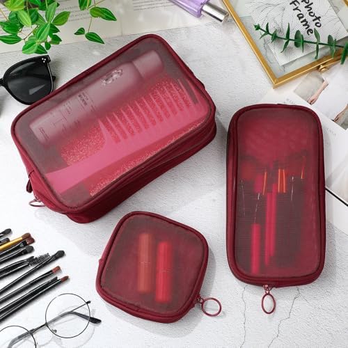 Weewooday 4Pcs Mesh Makeup Bag, Wine Red, Small, Large, Medium, Classic - Image 5