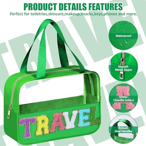 BuyCard Chenille Letter Patch Clear Travel Bags, Preppy PVC&Nylon Makeup Bag with Handle and Zipper, Waterproof Large Clear Travel Toiletry Bag Storage Bag for Women Girls Deep Green - Image 3