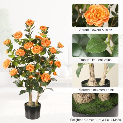 Artificial Camellia Tree 2 Pack, 3FT Faux Camellia Plant with Orange Flowers Lifelike, Faux Greenery for Living Room, Patio, or Wedding - Image 3