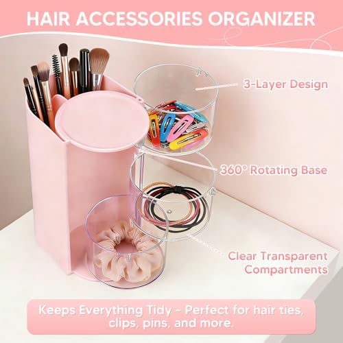 3-Tier Rotating Hair Accessories Organizer, 360° Spinning Storage Stand for Makeup Brushes and Jewelry, Compact Vanity Display Case for Girls, Holds Hair Clips, Earrings, Rings, Bracelets(Pink) - Image 3