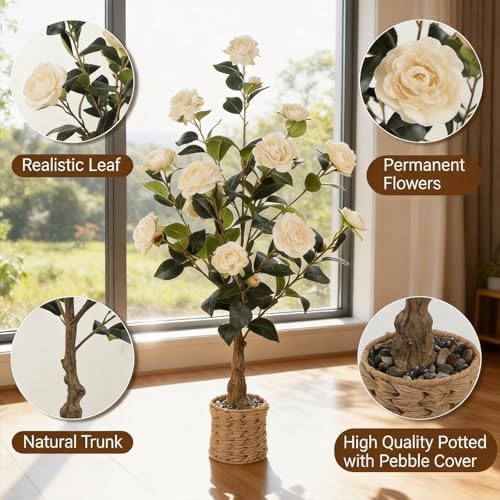 2Pack Artificial Camellia Tree, 3Ft Faux Yellow Camellia Plant in Pot, Fake Outdoor Tree Camellia Flower Tree for Home Office Living Room Floor Indoor Decor - Image 4