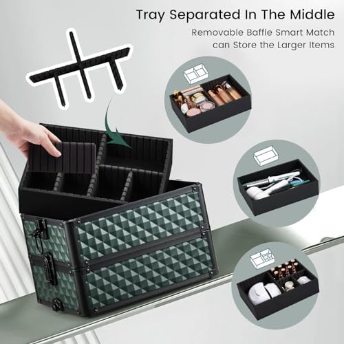 Stagiant Rolling Makeup Train Case Cosmetology Case on Wheels 4 in 1 Cosmetic Box Makeup Travel Case with Key Swivel Wheels Nail Artist Salon Barber StorageTraveling Cart Trunk Dark Green - Image 6