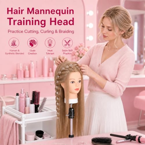 Opini 28" Mannequin Head Human Hair 80% with Tripod Stand for Hairdressier - Image 2