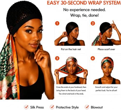 2 in 1 Wrap Cap Hair Net and Scarf for Silk Press, Satin Wrap Cap Bonnet for Women, Adjustable Stay-On Sleep Hair Net Scarf for All Hair Types (Orange, One Size) - Image 6