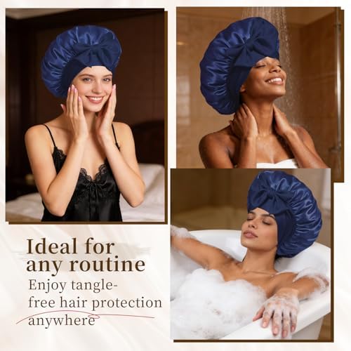 Silk Bonnet Satin Bonnet for Sleeping Large Bonnets with Tie Band Hair Wrap with Adjustable Straps Hair Cap for Women Curly Hair Blue - Image 5