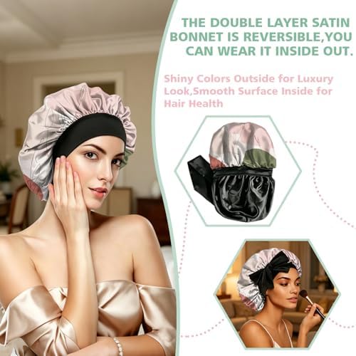 Satin Hair Braid Bonnet for Sleeping Double Layer Tie Band Elastic Wide Soft Silk Lined Nightcap Women Girls Cute - Image 6